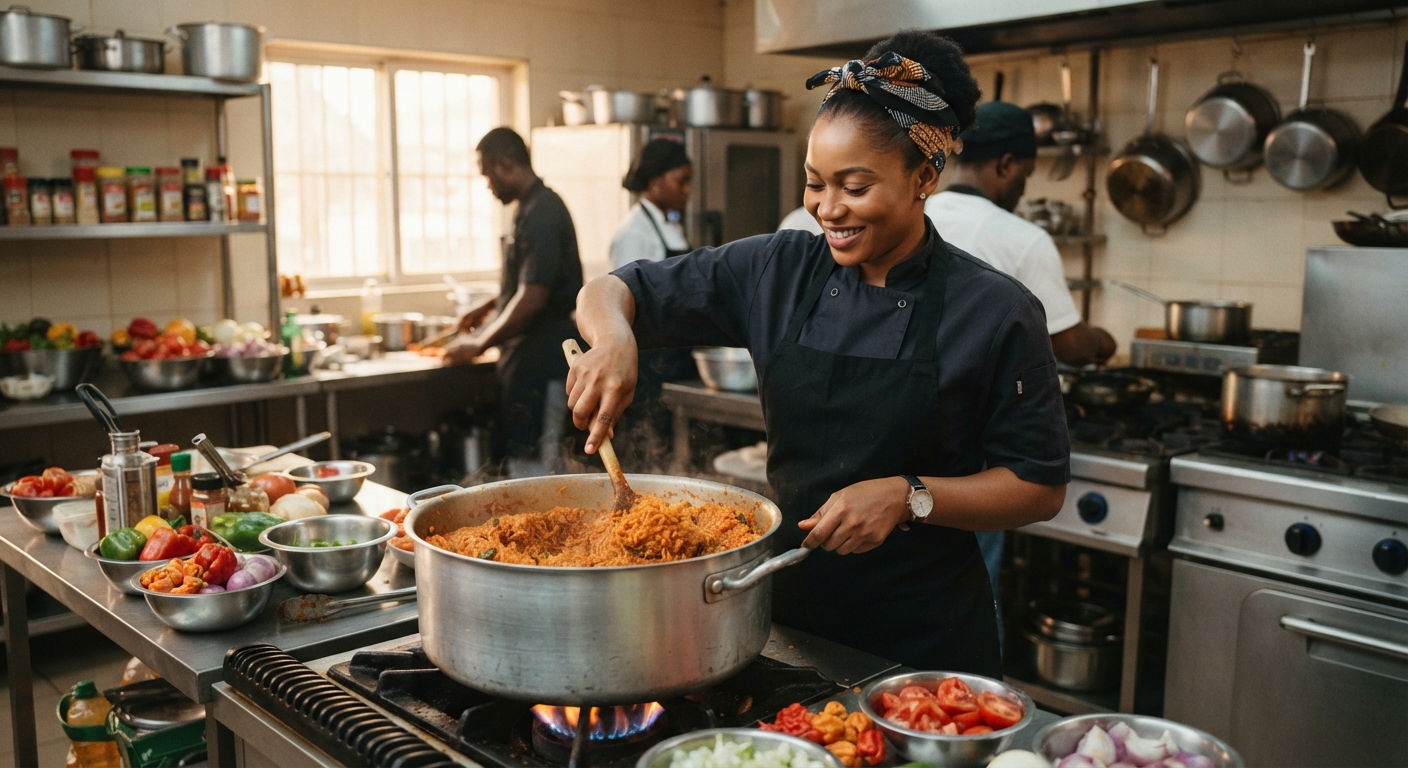 Professional chef carefully preparing food in a clean, well-equipped commercial kitchen