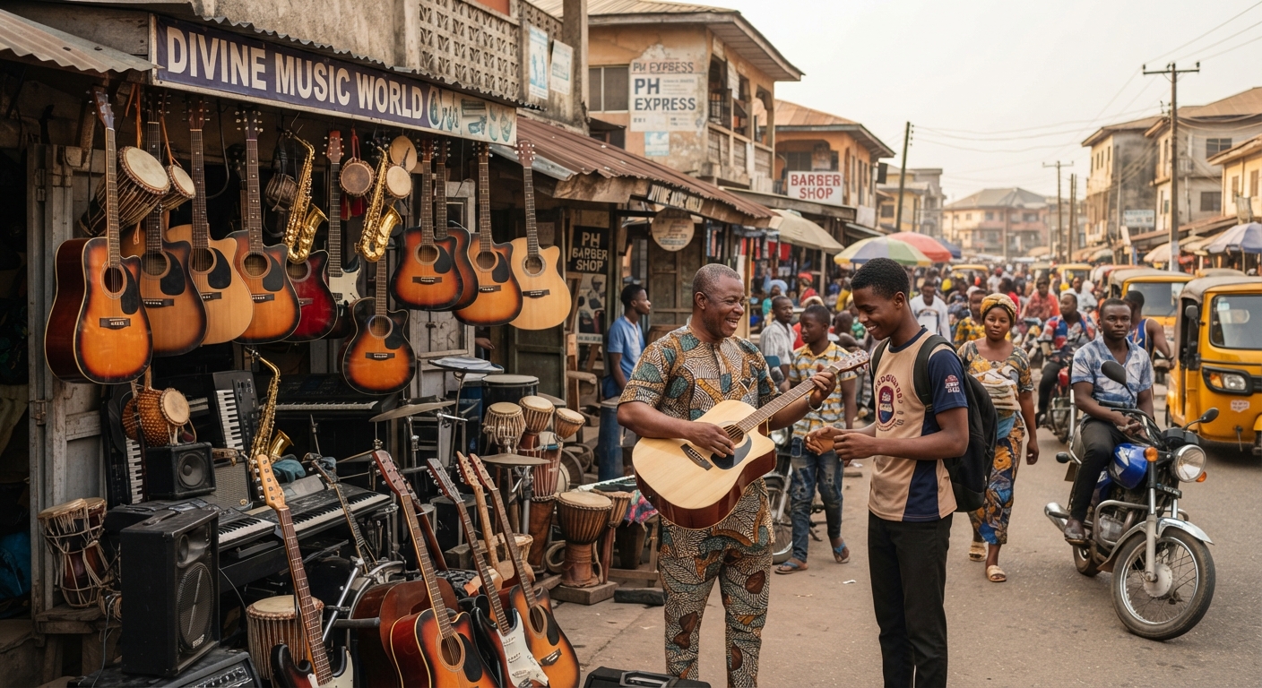 Musical instruments for sale on a street in Port Harcourt