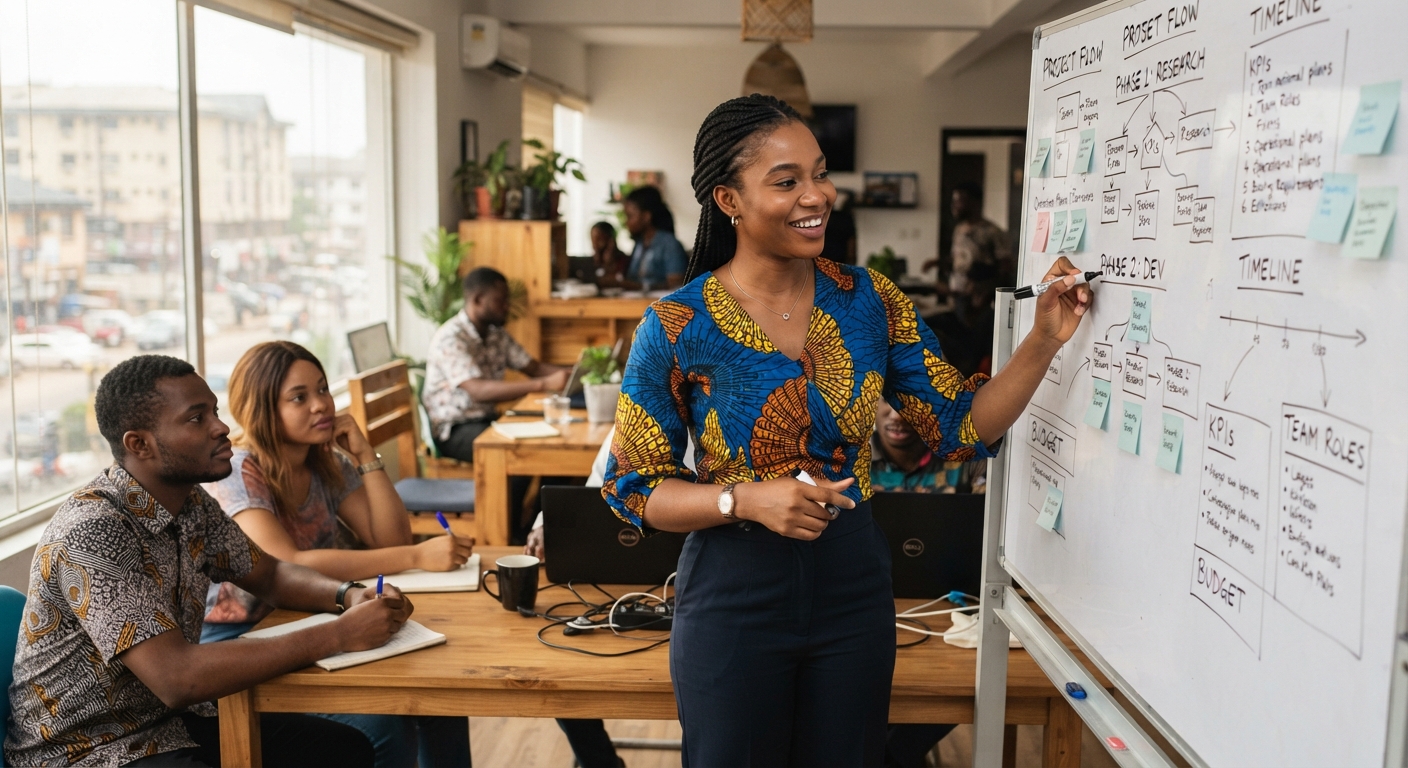 Nigerian woman detailing project requirements on a whiteboard for a service brief