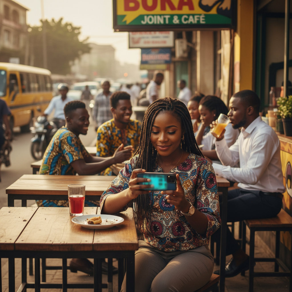 A young Nigerian woman smiling as she confirms a payment on her smartphone using the TrustAm app.