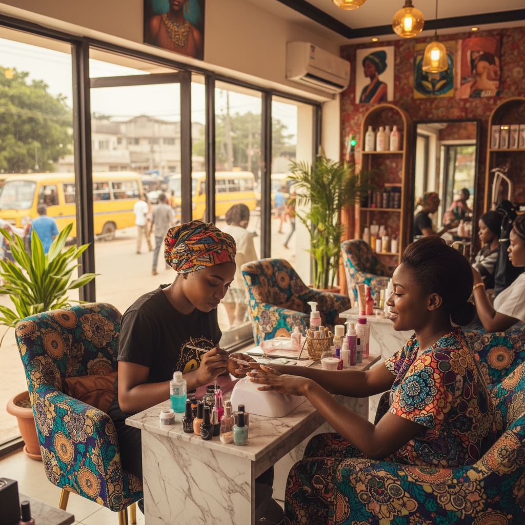 A Nigerian nail technician focused on applying an acrylic bead to a client's nail.