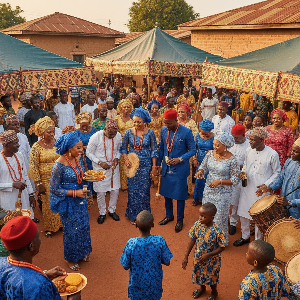 A vibrant Nigerian traditional wedding ceremony in Uyo with guests in colourful aso ebi.