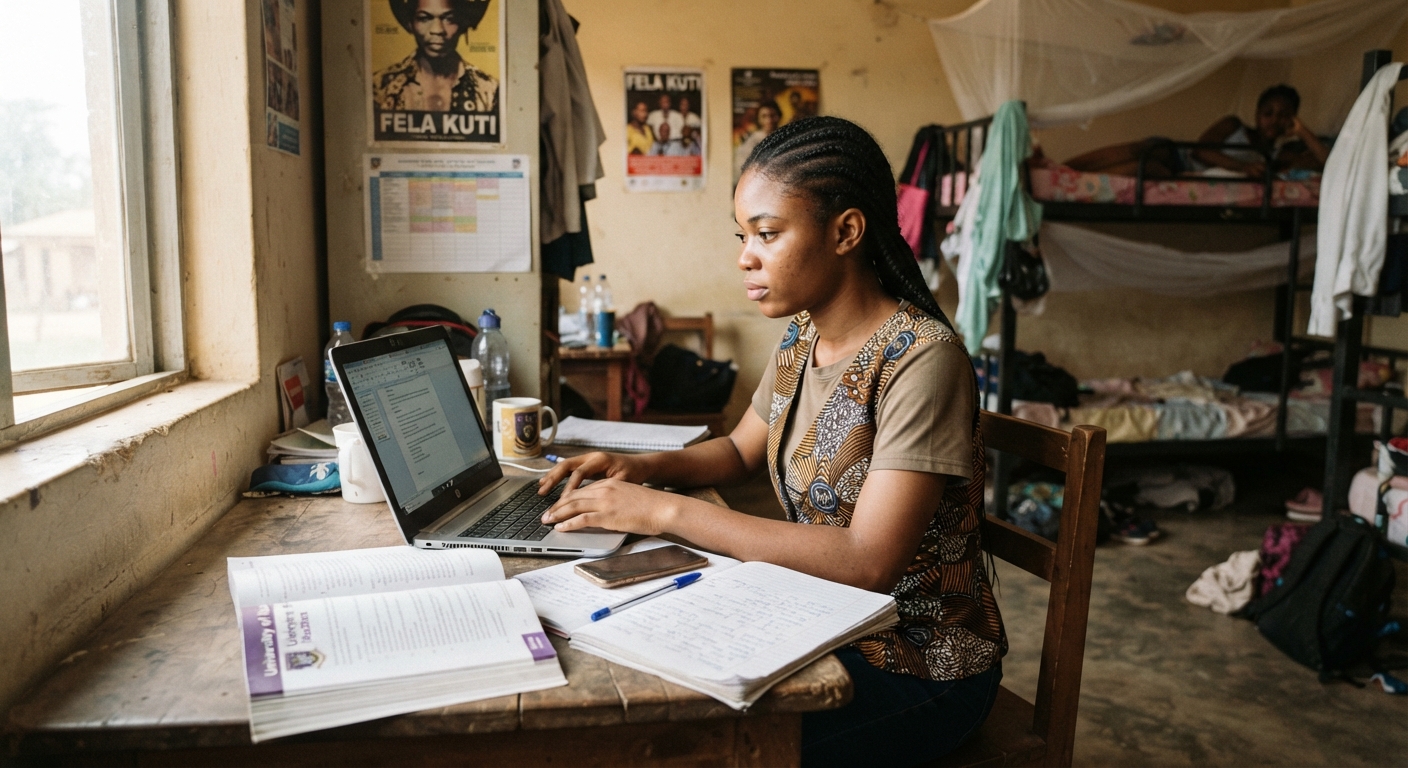 Young Nigerian student engrossed in studying on a laptop in a dormitory setting.