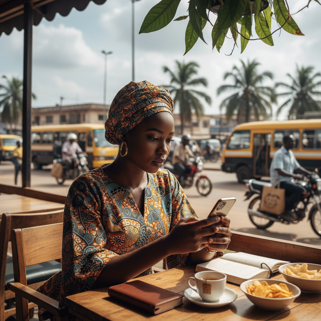 A stylish young Nigerian woman in Lagos using the TrustAm app on her phone to book a nail technician.