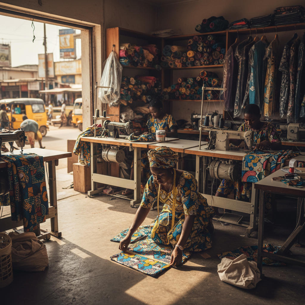 A Nigerian tailor confidently working in her shop, a TrustAm verified provider.