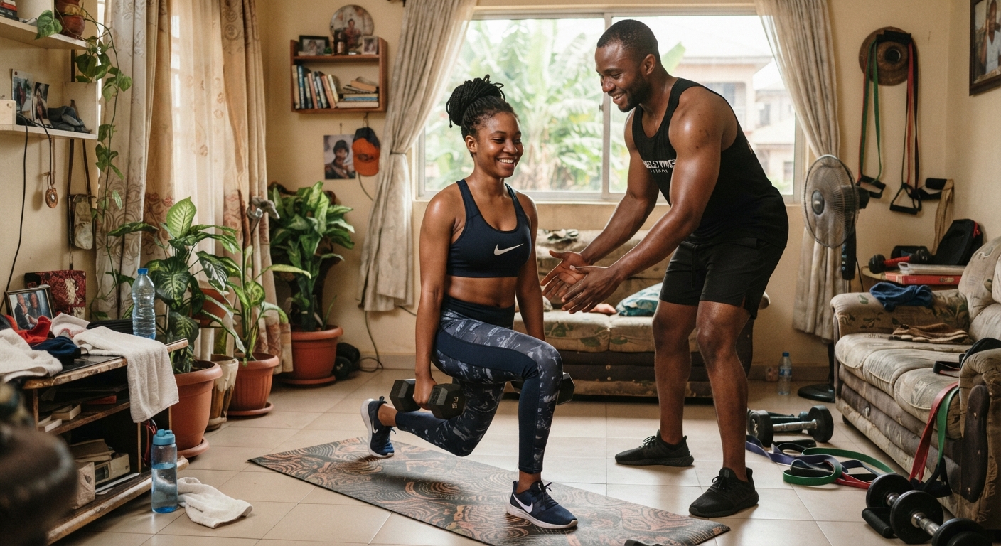 Young Nigerian woman and trainer during a home fitness session in Port Harcourt