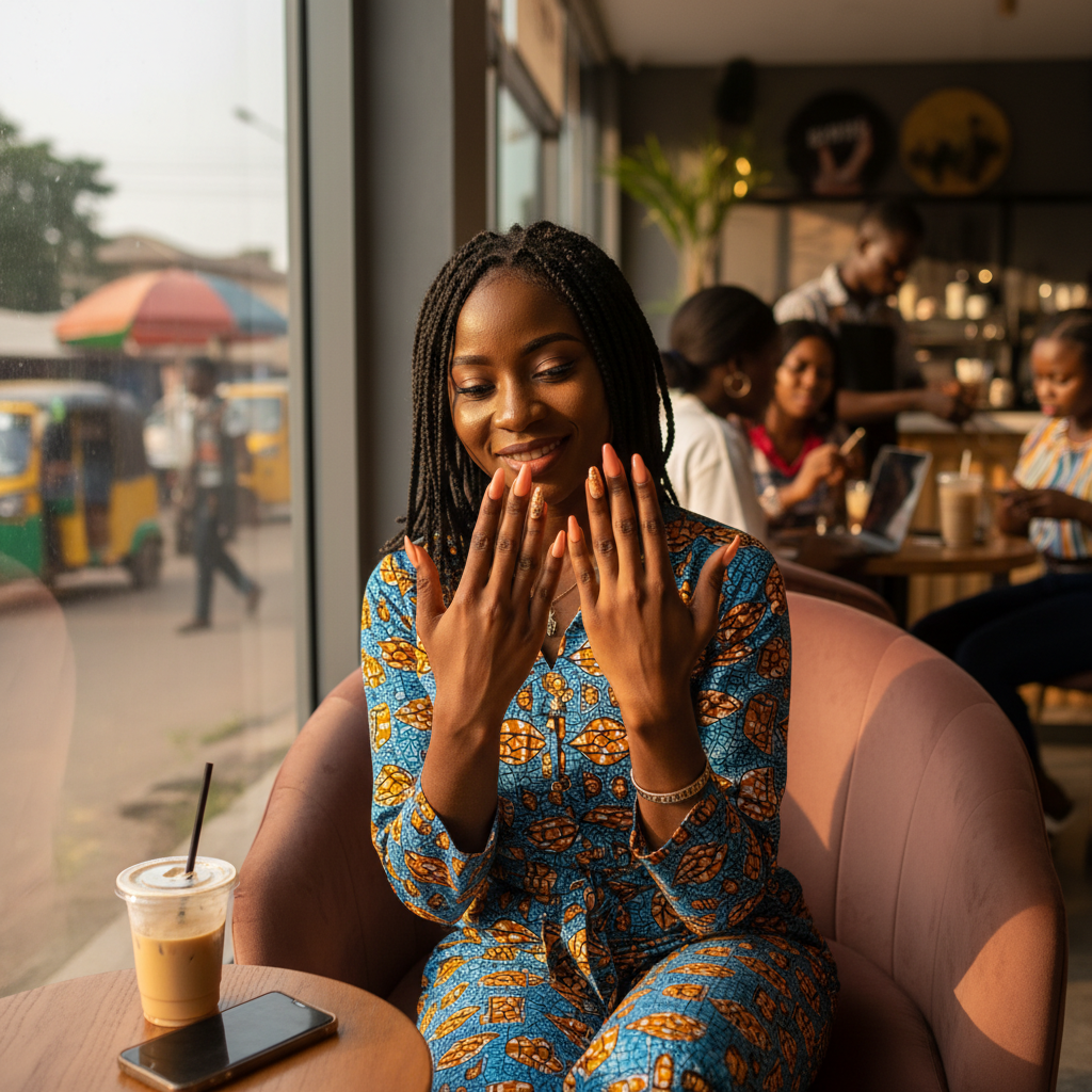A happy Nigerian woman in Lagos showing off her newly done, beautiful nails.