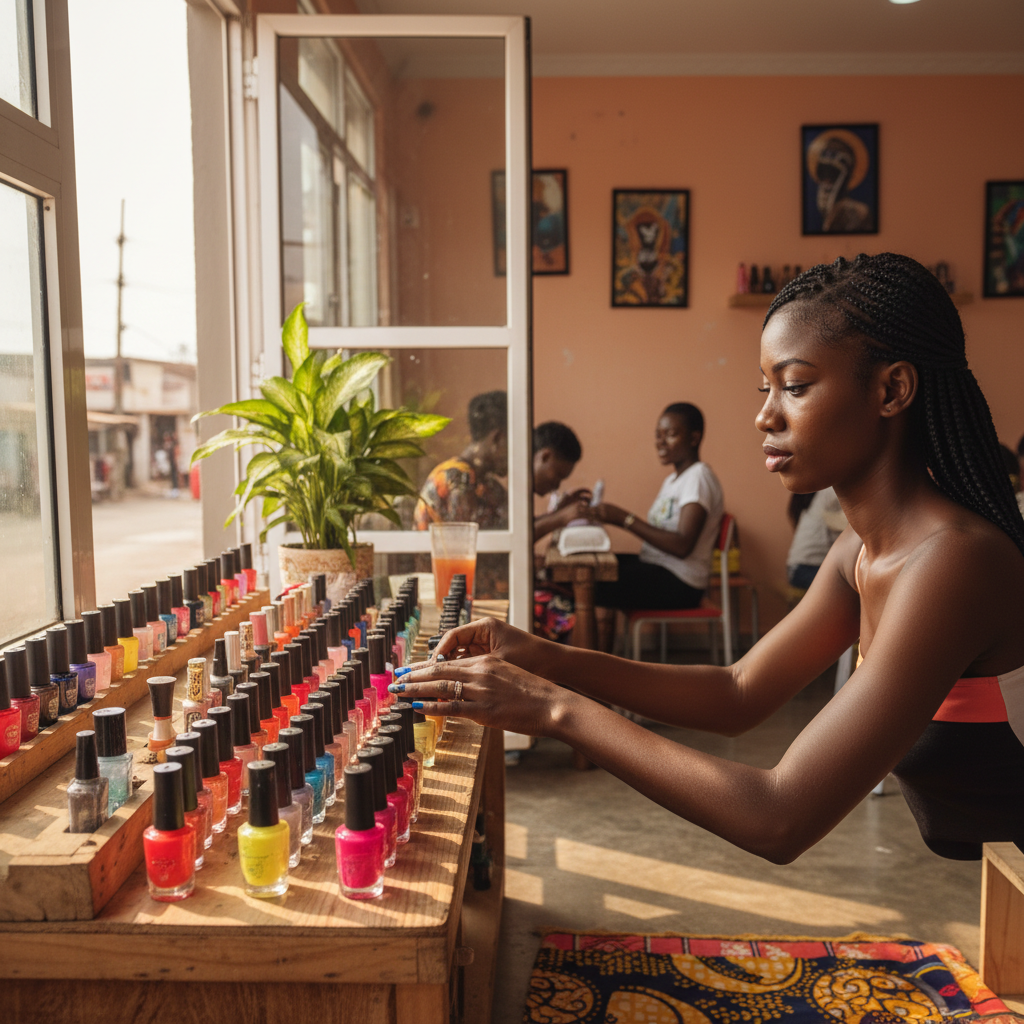 A collection of colorful gel nail polish bottles neatly arranged on a shelf in a Nigerian salon.