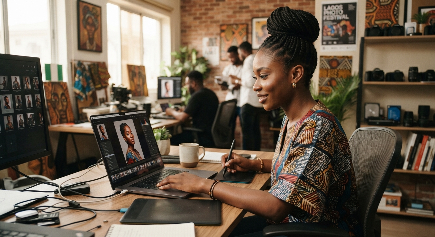 Young Nigerian woman editing photos on a laptop in her studio