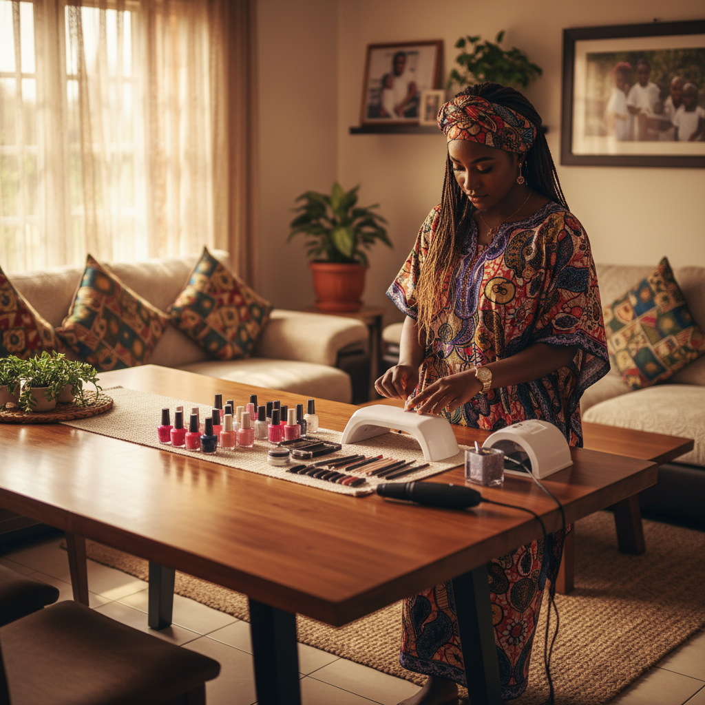 A young Nigerian woman organizing her nail polishes, files, and UV lamp in her home studio.