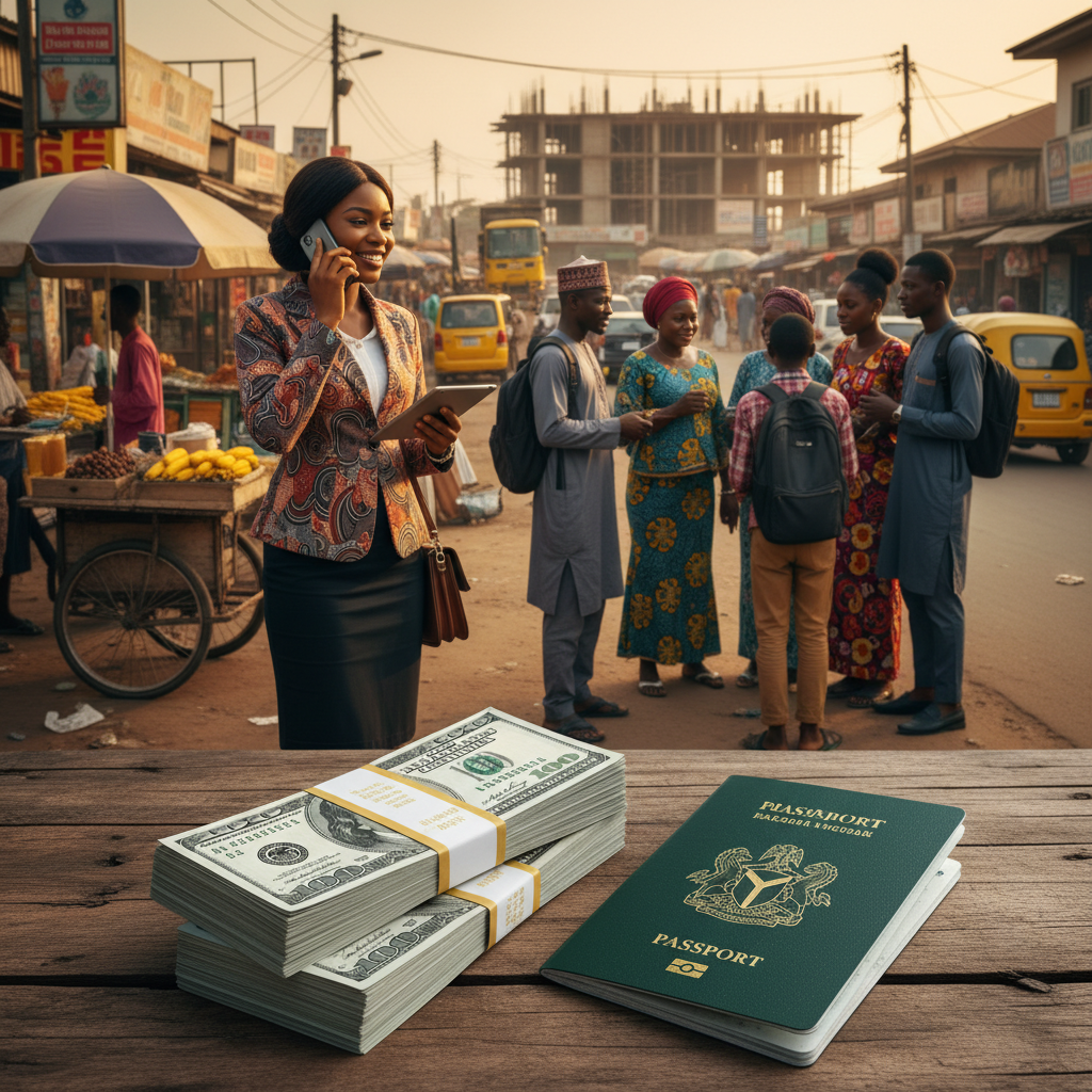 A stack of United States dollar bills placed next to a green Nigerian international passport on a table.
