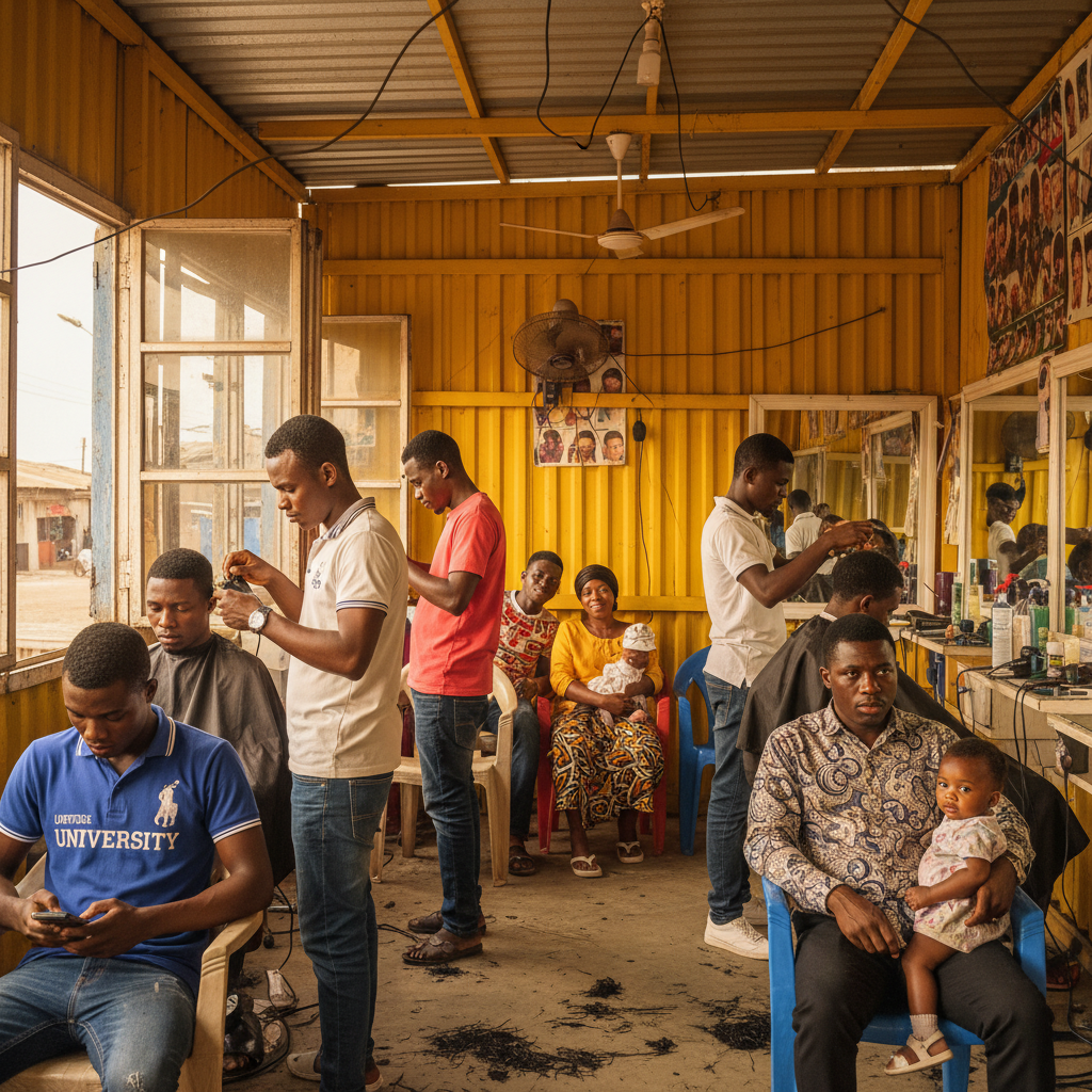 A bustling Nigerian barber shop with several clients getting haircuts and others waiting their turn.