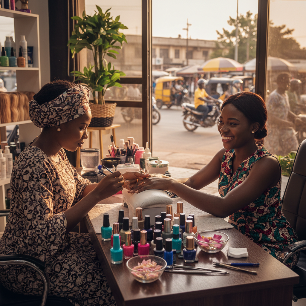A neatly organized collection of colourful nail polish bottles and professional nail art tools.