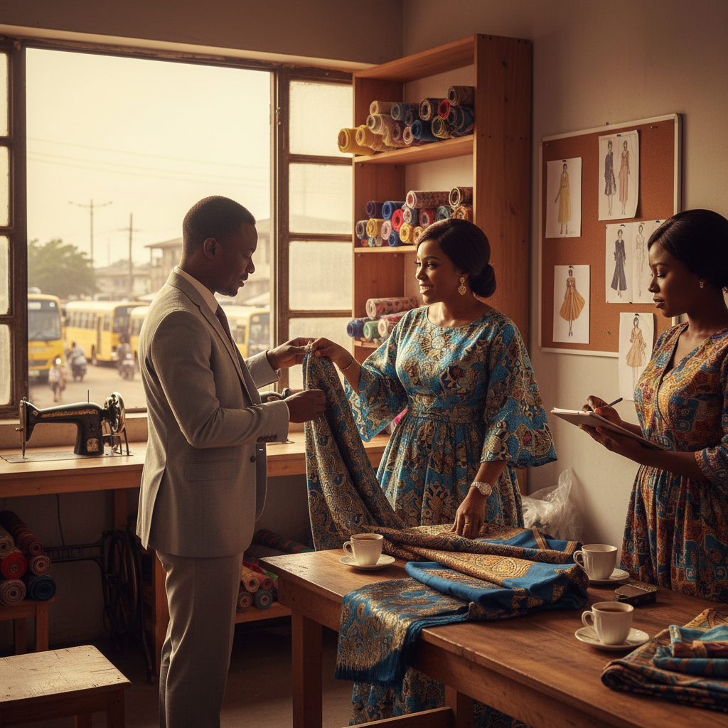 A Nigerian client discussing fabric choices with her fashion designer.