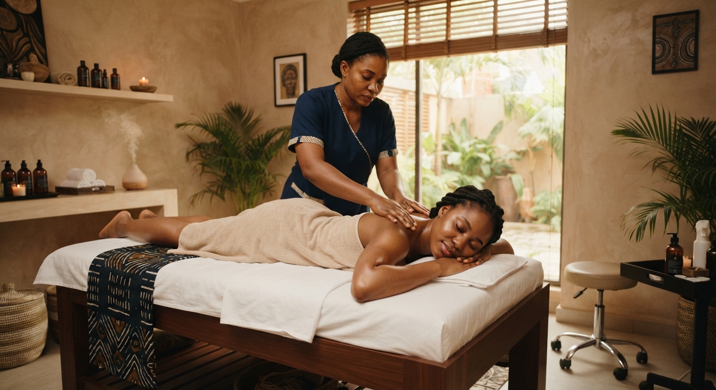 Young Nigerian woman receiving a professional massage in a clean, well-lit spa setting.