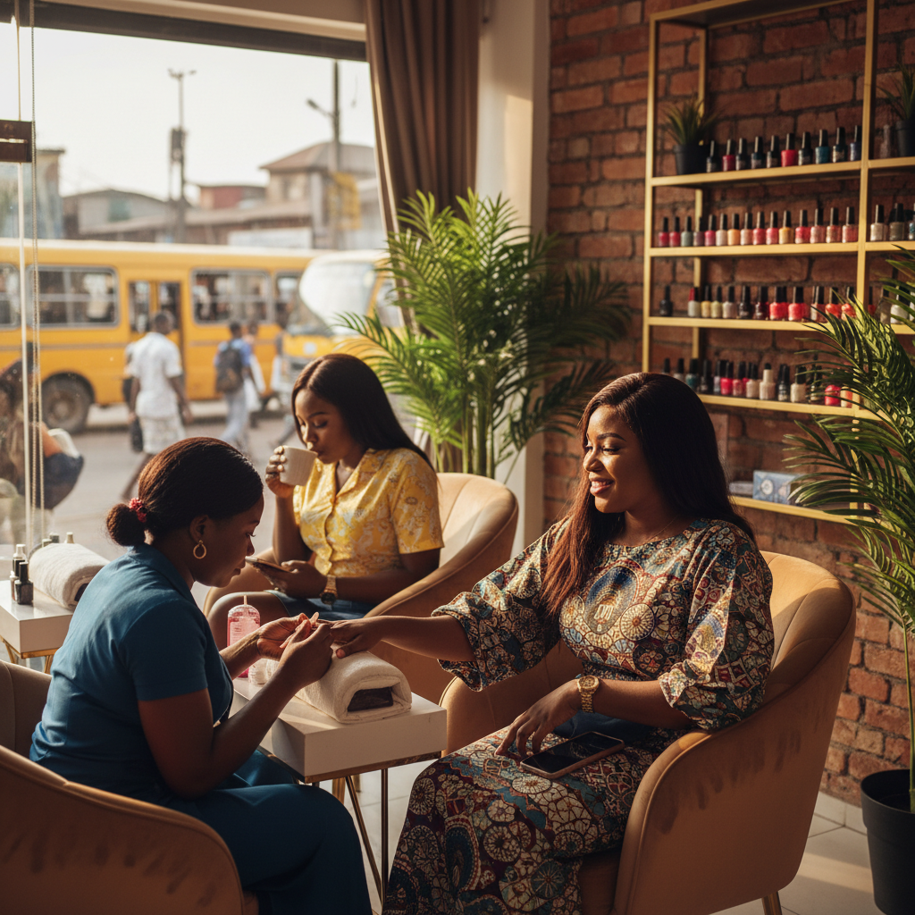 A young Nigerian woman smiling while a nail technician carefully applies polish in a modern Lagos salon.