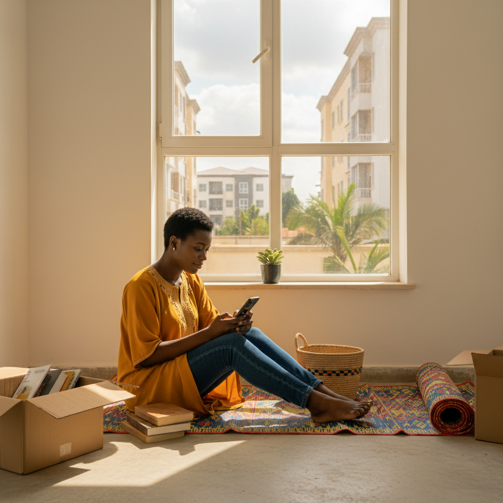 A young Nigerian graduate smiling as she books a service on the TrustAm app in her new apartment.