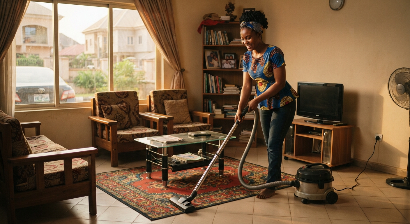 Young woman vacuuming a clean living room in Owerri