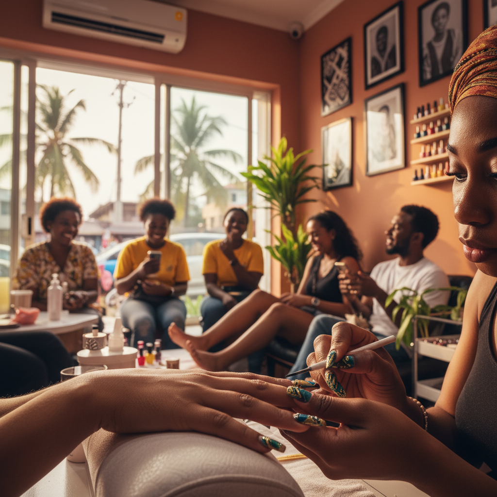 A skilled nail technician applying detailed floral art to a client's nails in a Lagos salon.