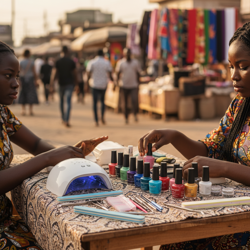 A complete starter kit for a new nail technician business in Nigeria, including a UV lamp, various polishes, and sanitized tools.
