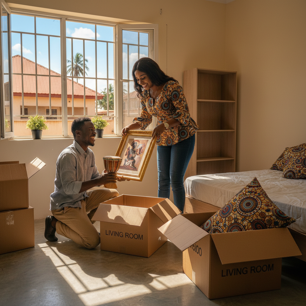 A happy young Nigerian couple surrounded by moving boxes in their new, modern apartment in Ibadan.