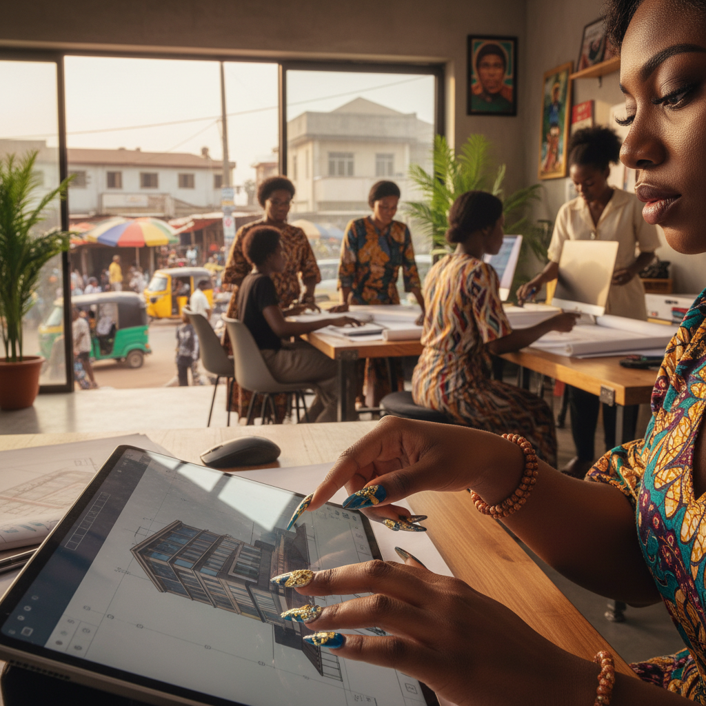 A close-up of long, elegant acrylic nails with intricate art on a Nigerian woman's hand.