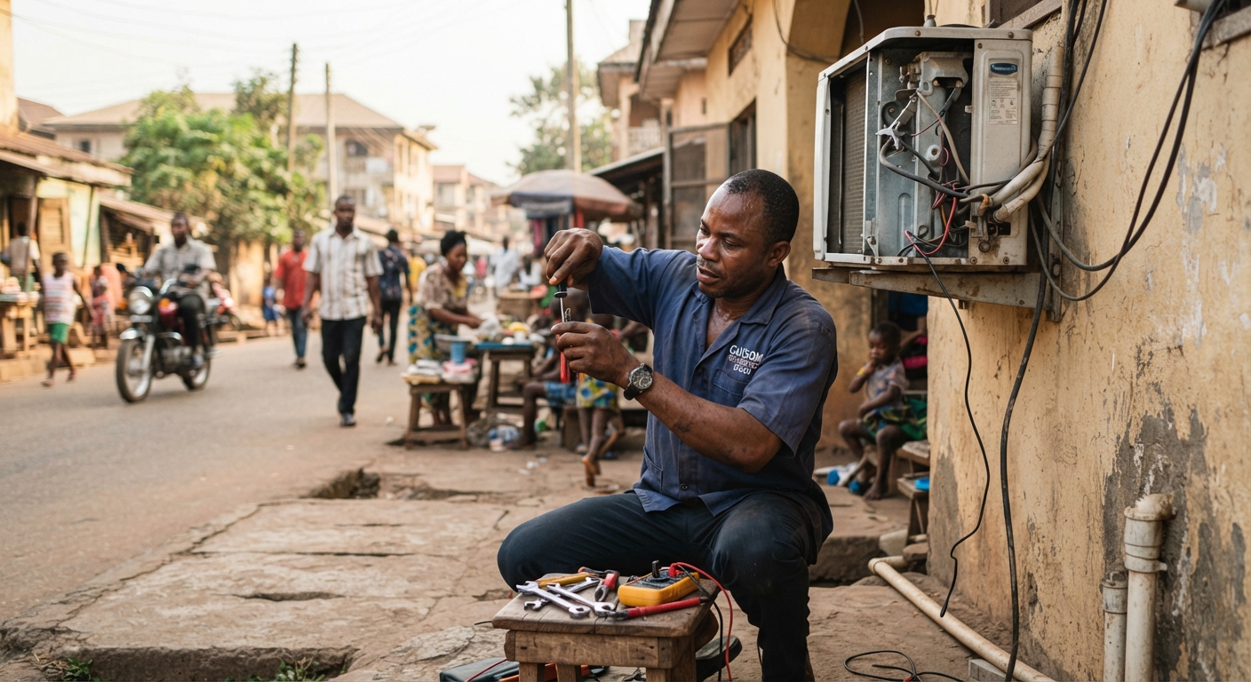 An AC repair technician in Enugu carefully examining an outdoor air conditioning unit for faults.