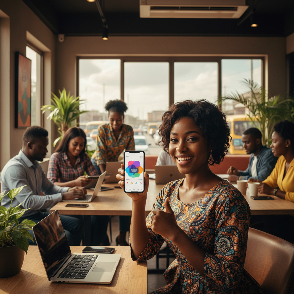 A young woman smiling as she uses the TrustAm app on her smartphone to book a verified nail technician.