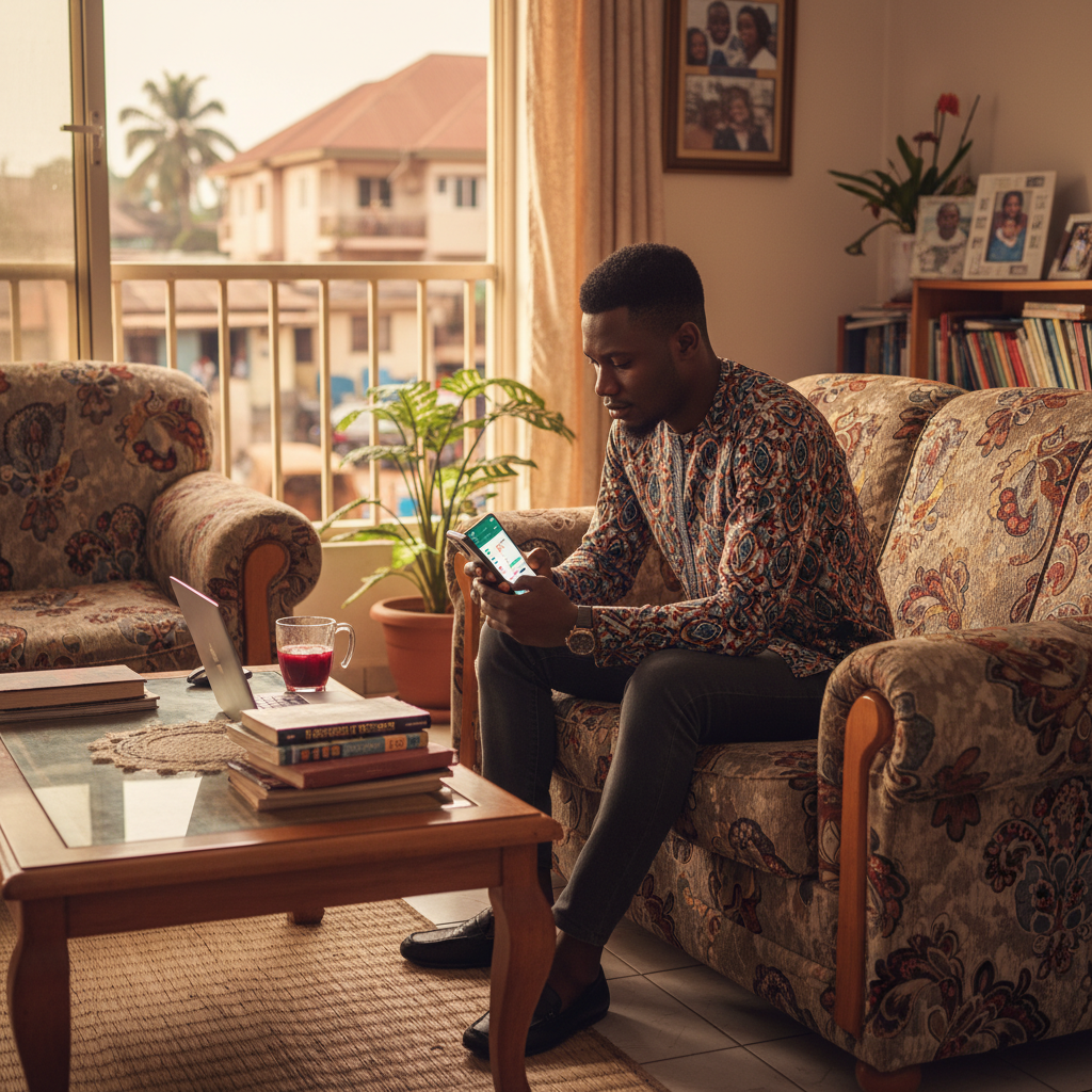 A young Nigerian man sitting on his sofa, reviewing his monthly expenses on the TrustAm budgeting app on his phone.