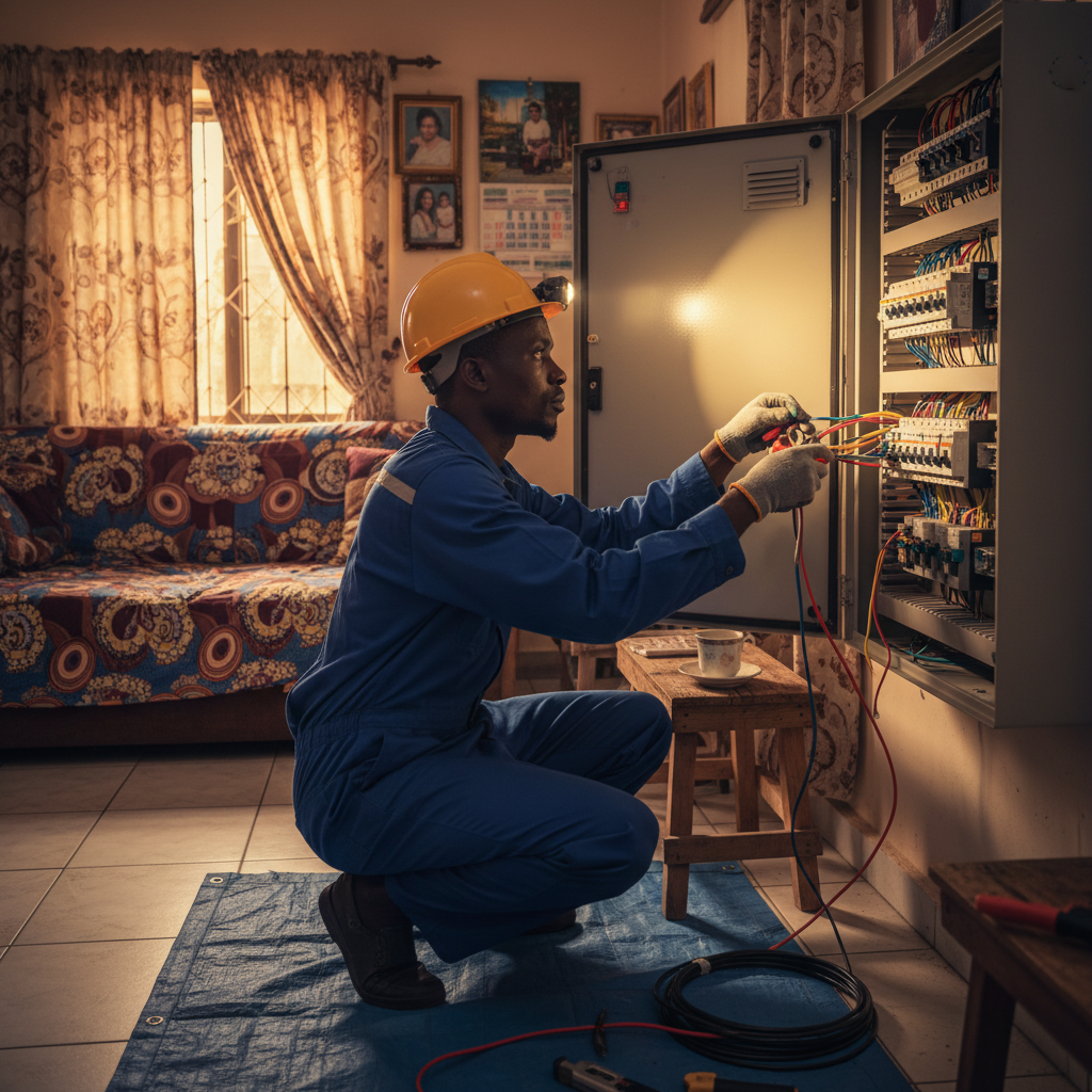 A professional electrician in Nigeria carefully inspecting a home's distribution board.
