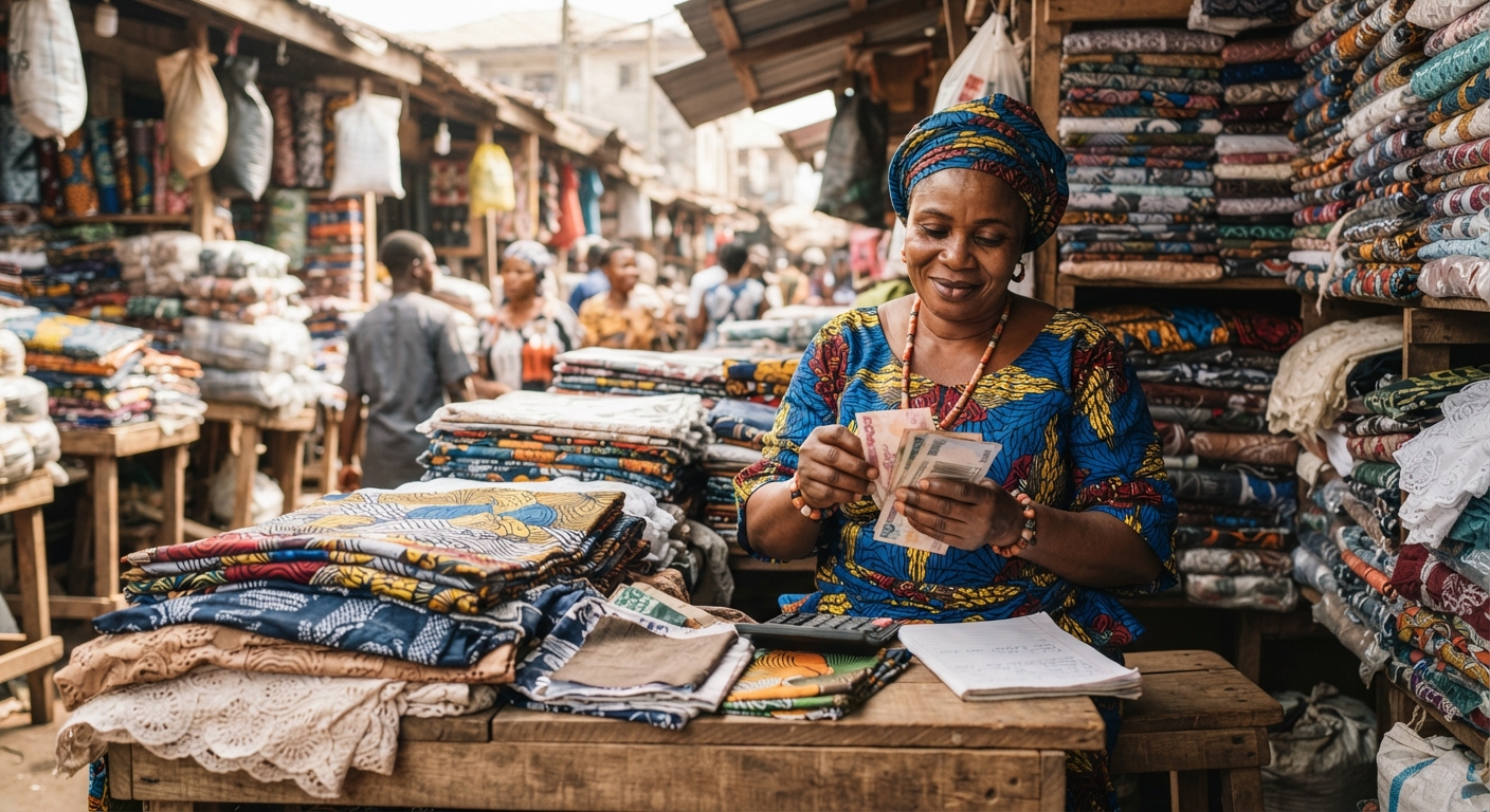 Nigerian woman trader counting naira at fabric stall
