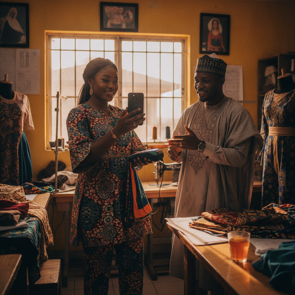 A Nigerian tailor in her workshop smiles as she confirms a client's payment on her phone.