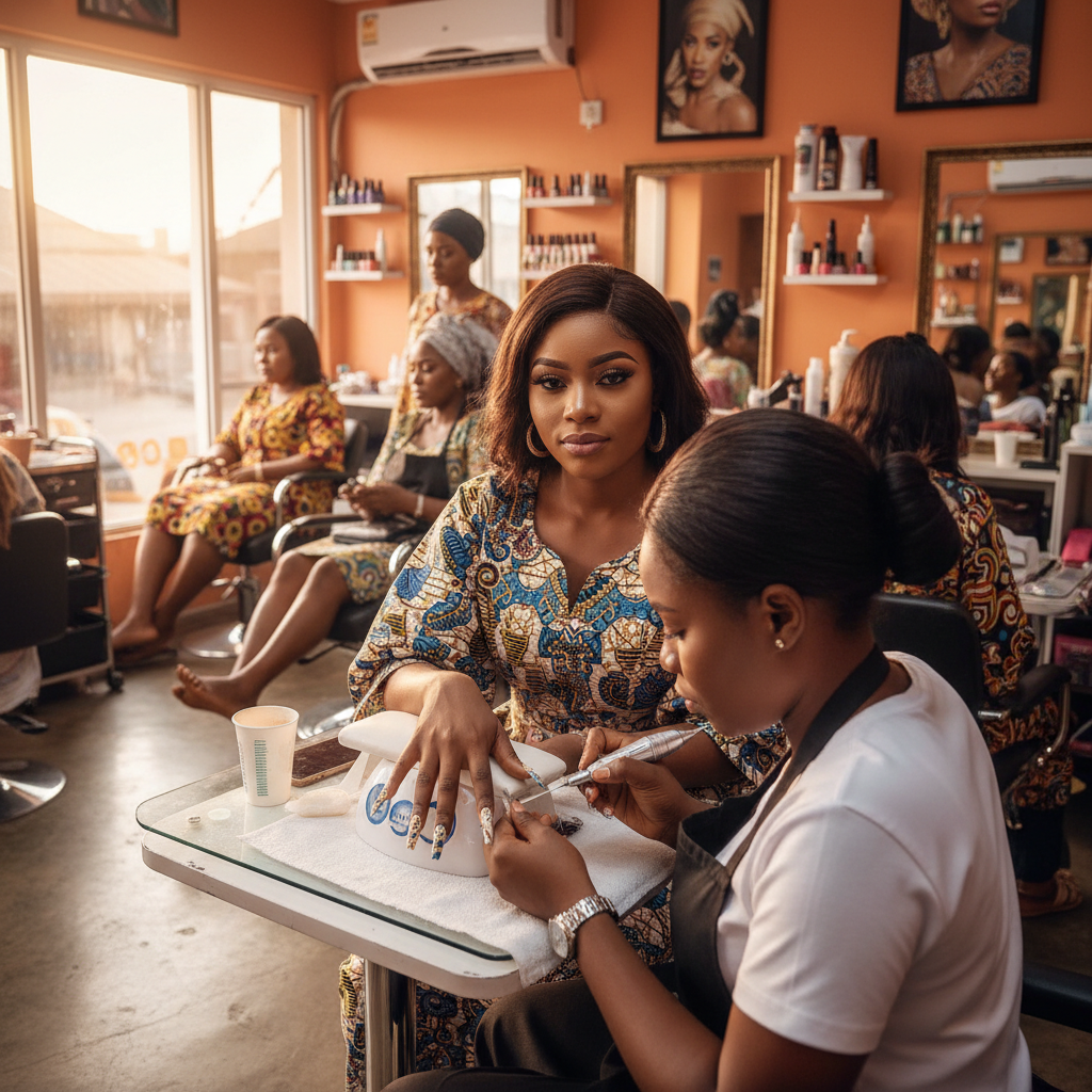A nail technician applying a detailed design on a client's acrylic nails in a bright Lagos salon.