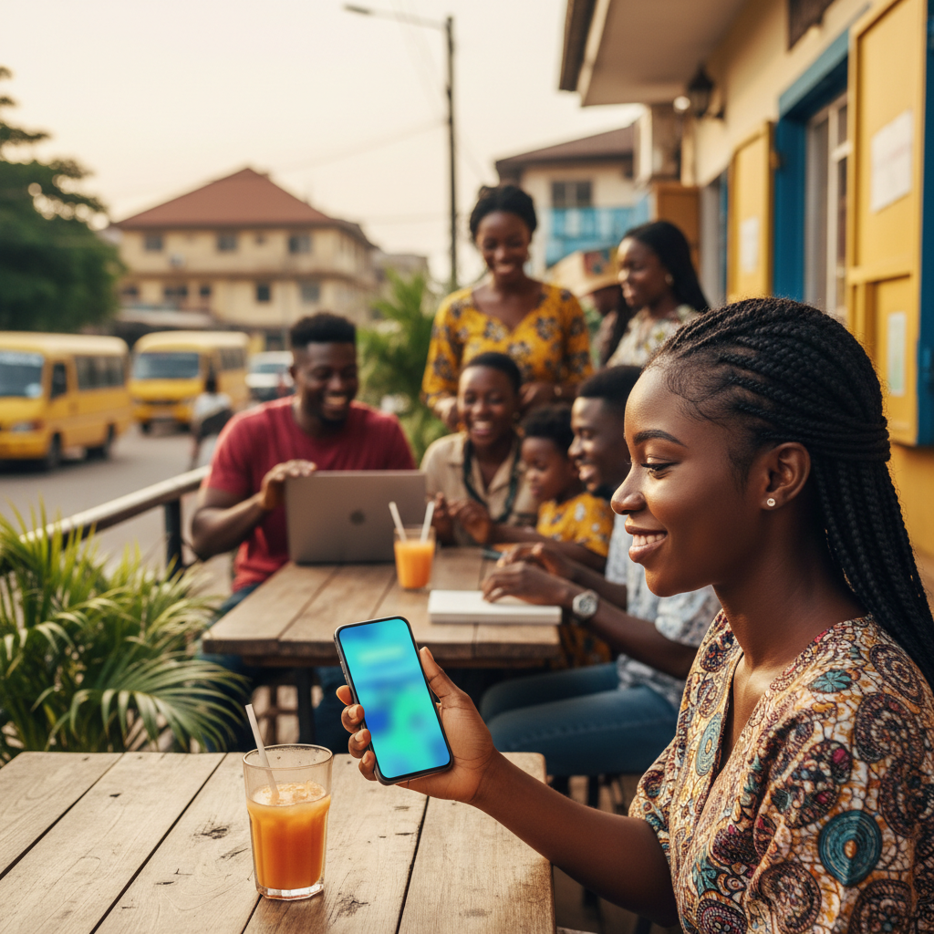 A young Nigerian woman smiling as she uses the TrustAm app on her smartphone to book a service.