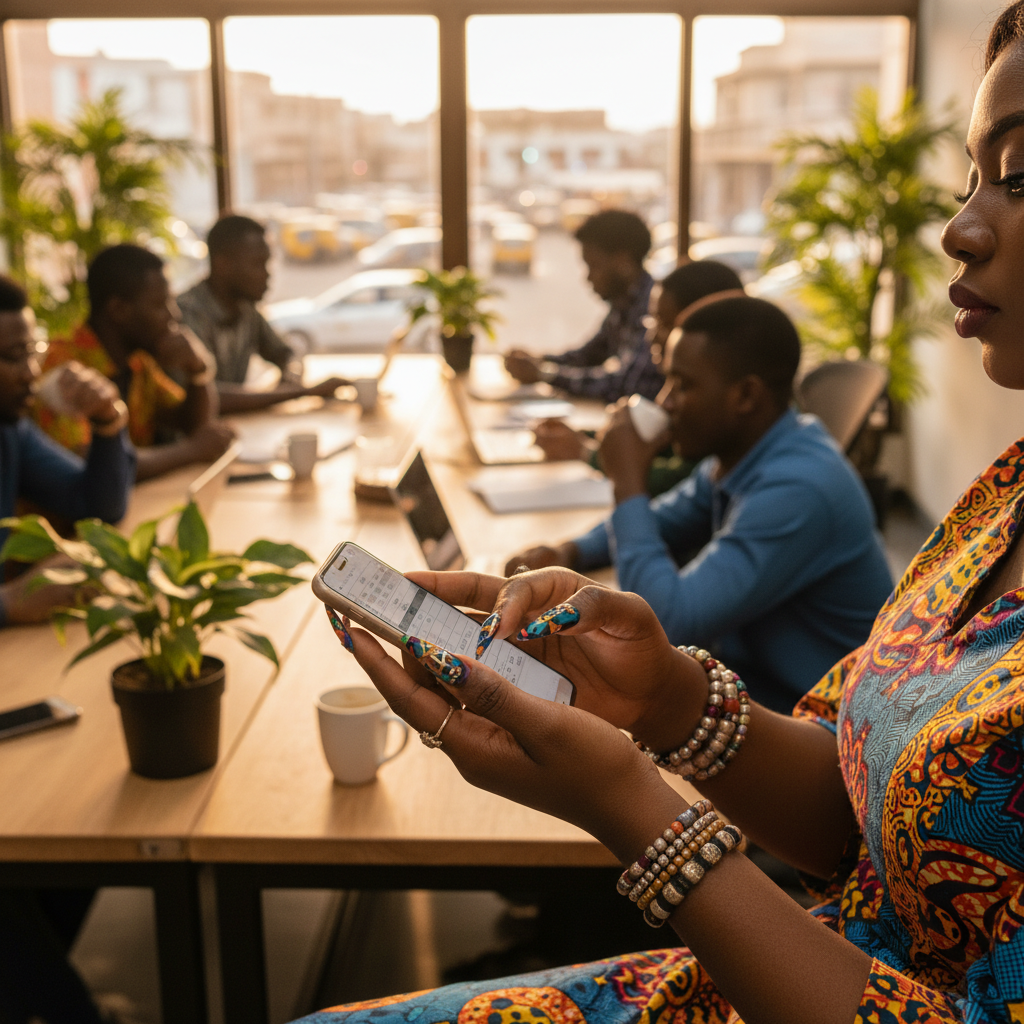 Detailed acrylic nail art with rhinestones on a woman's hands in Lagos.