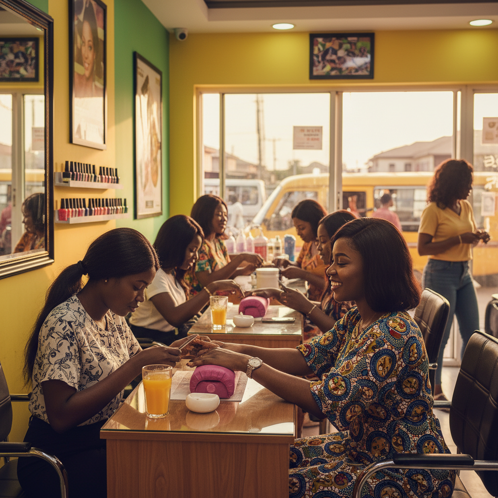 A Nigerian woman getting a professional manicure in a clean and modern Lagos salon.