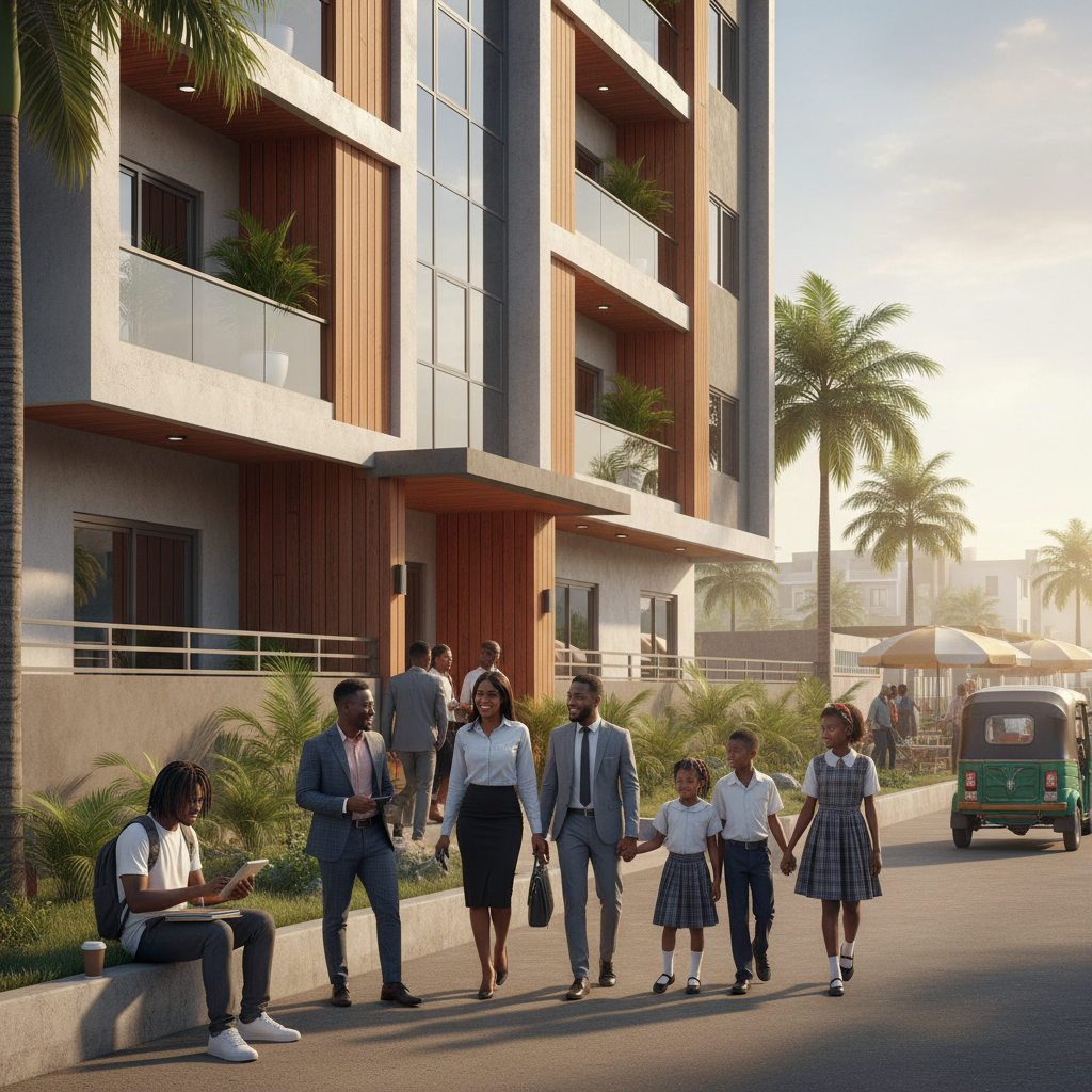 A modern residential apartment building in Warri, Delta State.