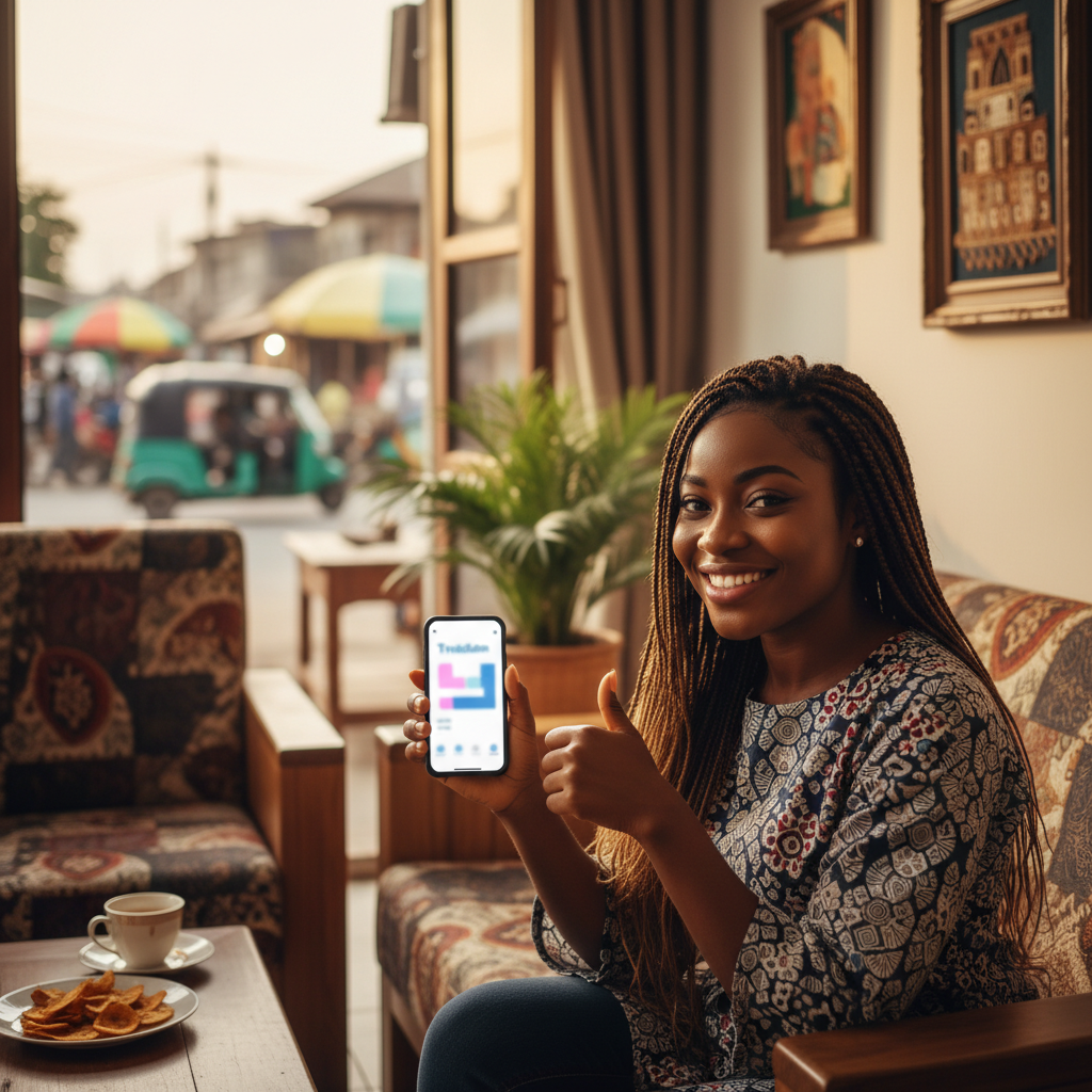 A happy Nigerian woman sitting on her couch and using the TrustAm app on her smartphone to book a nail technician.