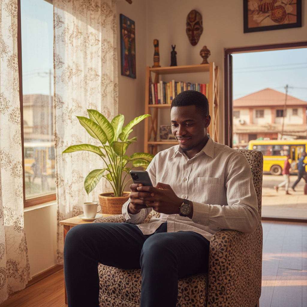 A young man in Port Harcourt browsing apartment options on his phone.