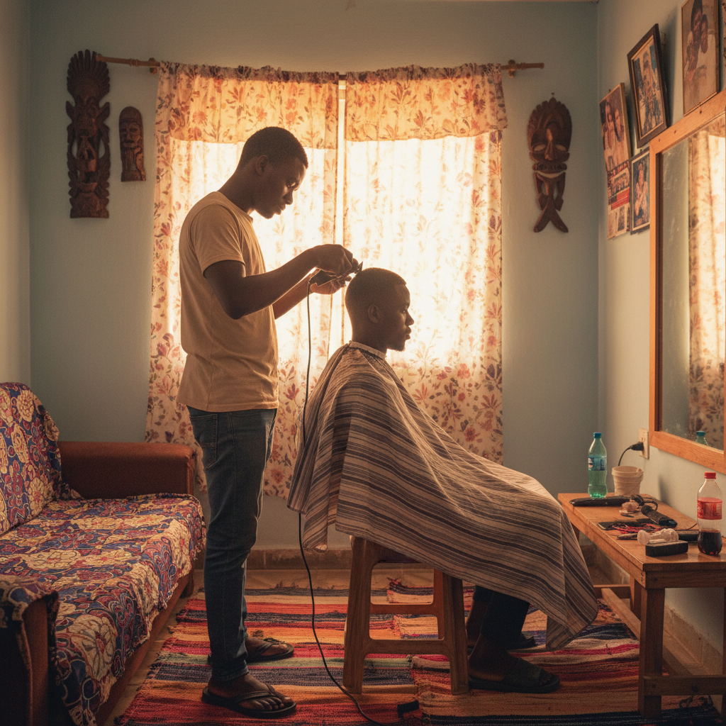 A professional barber giving a client a sharp fade haircut in the comfort of a home in Kano.