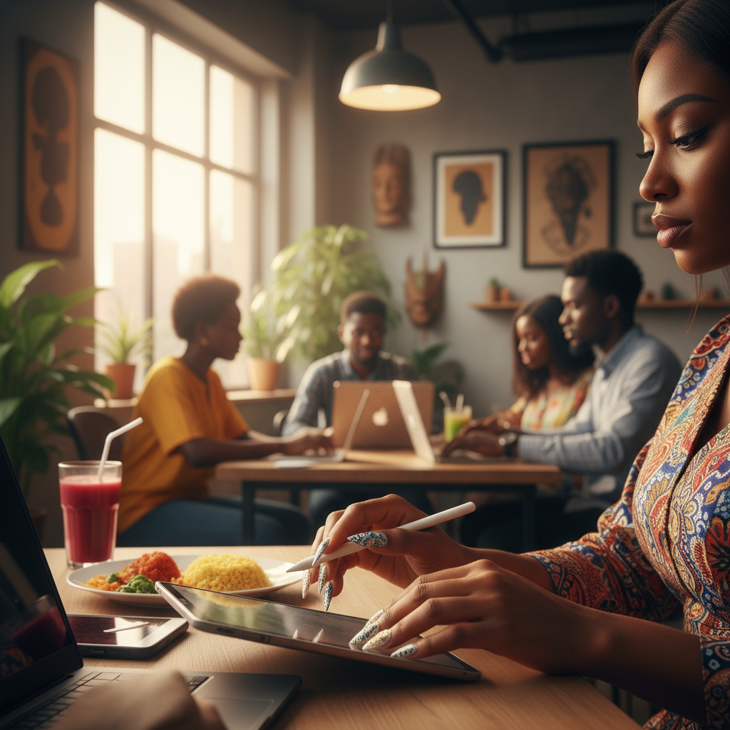 A close-up of a stunning set of acrylic nails, showcasing the skill of a Nigerian nail technician.