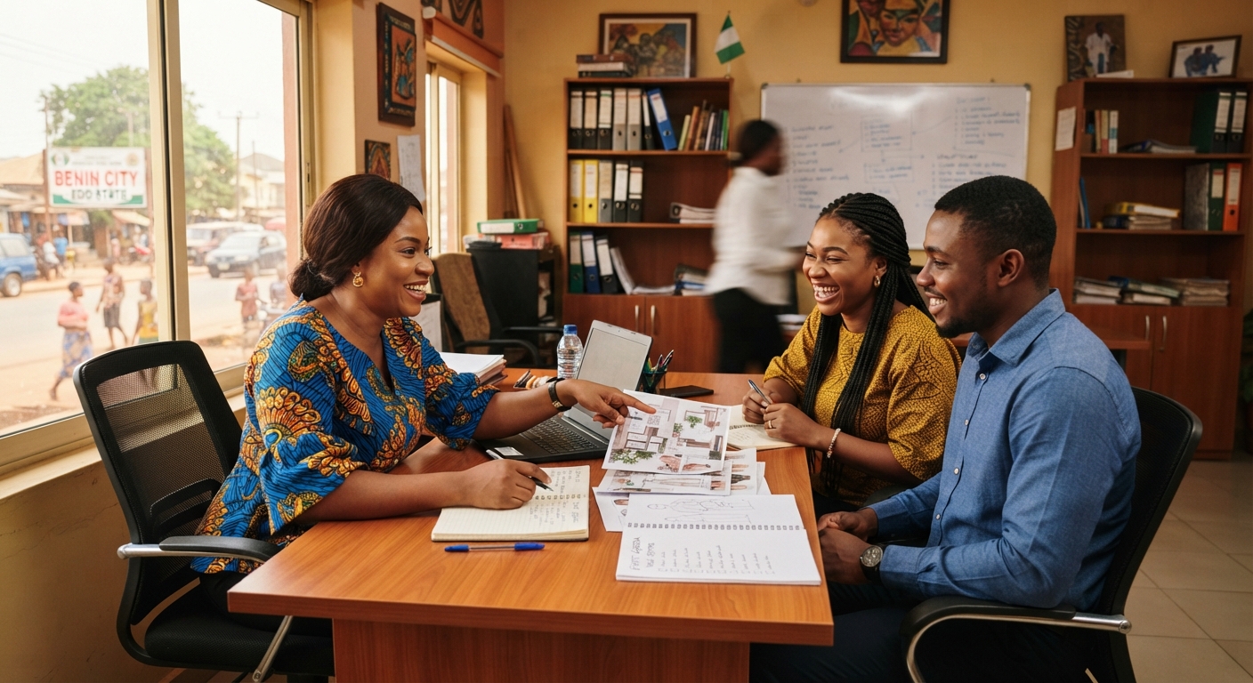 Event planner discussing plans with clients in Benin City