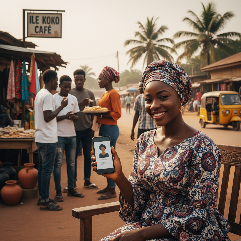 A young Nigerian nail tech smiling at her phone, viewing her professional profile on the TrustAm app.