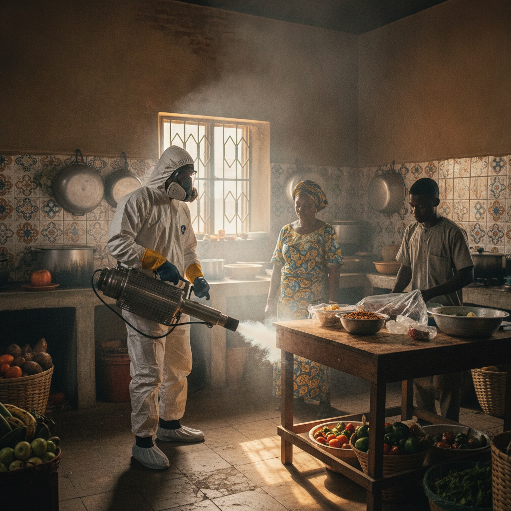 A professional fumigator in a hazmat suit and mask spraying inside a modern home.