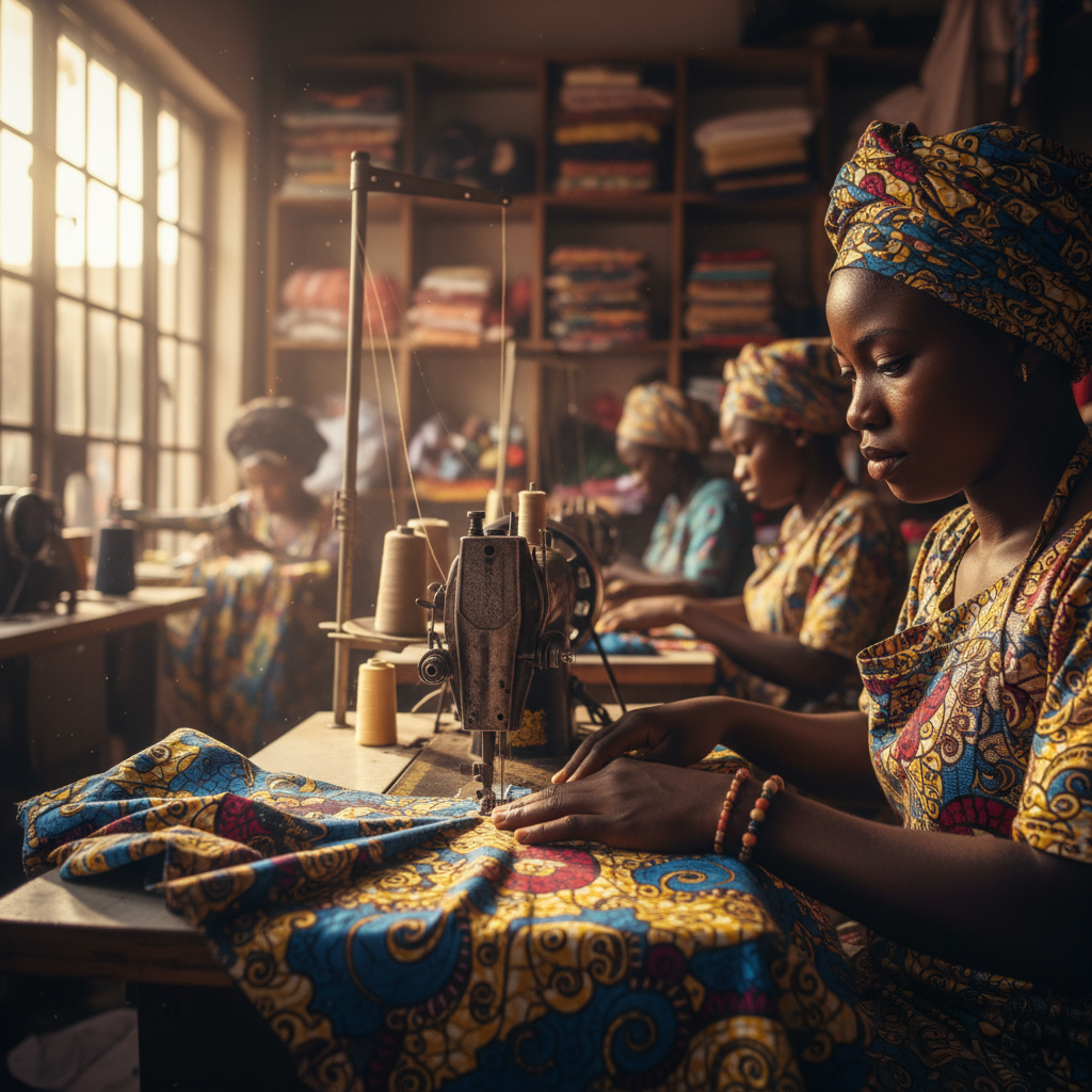 Detailed stitching on a Nigerian ankara fabric being sewn by a fashion designer.