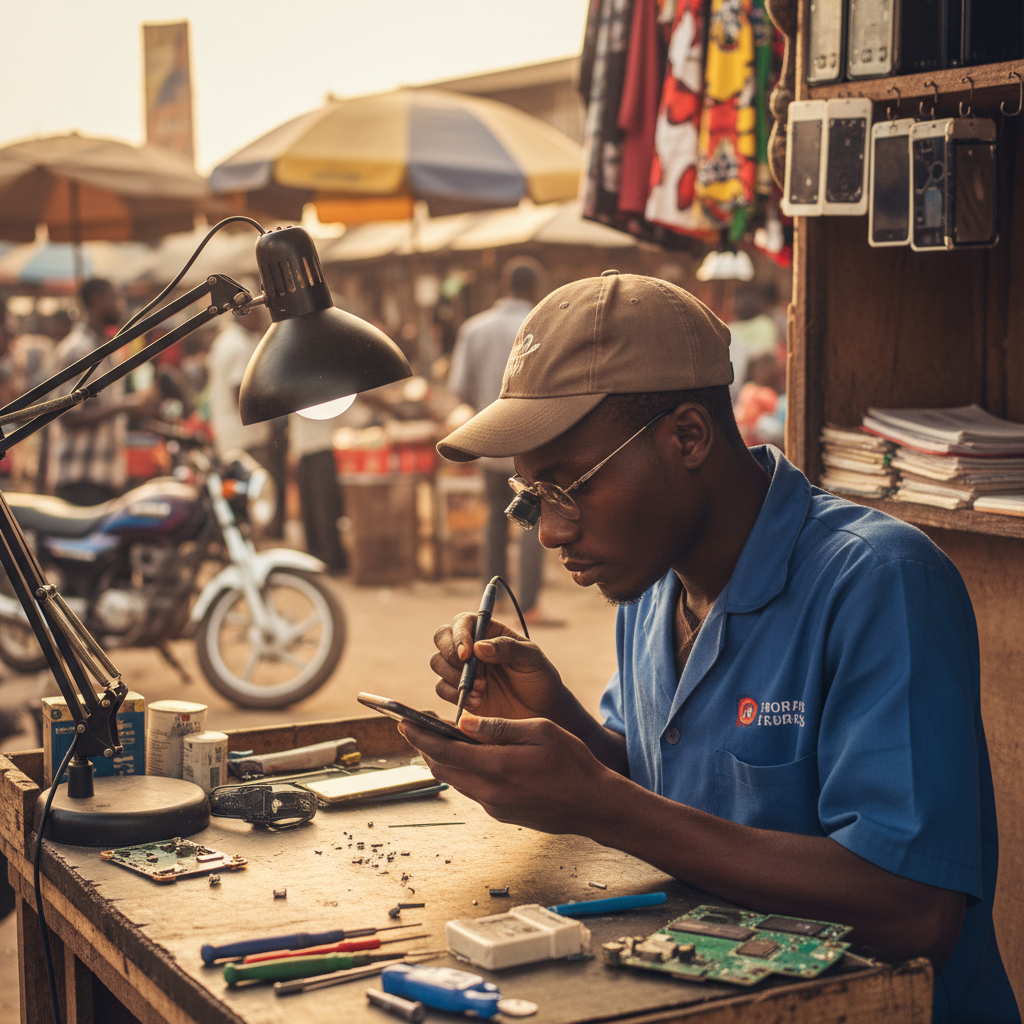 A skilled technician in Kano carefully repairing a smartphone's internal components.