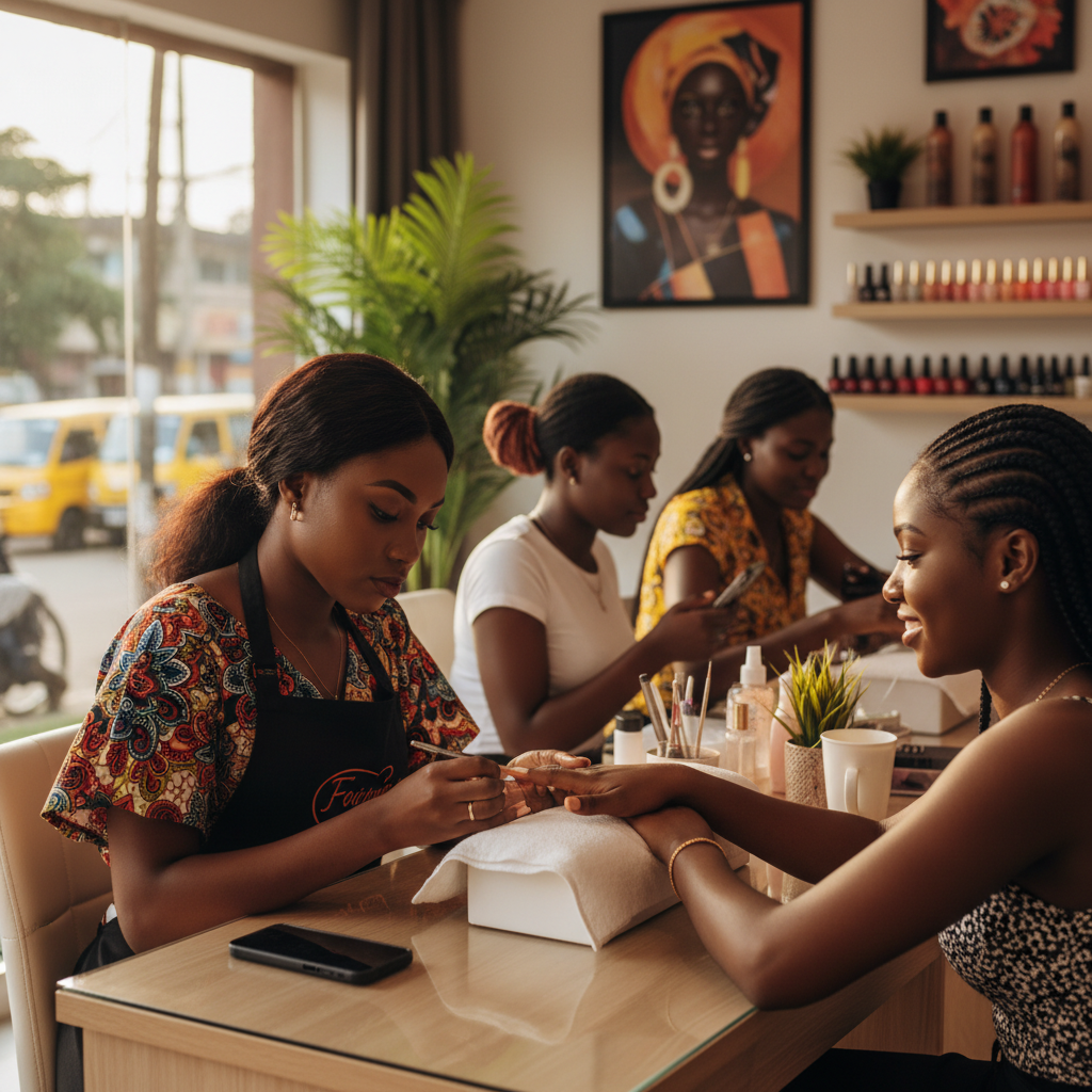 A skilled Nigerian nail technician carefully applying an acrylic bead to a client's nail.