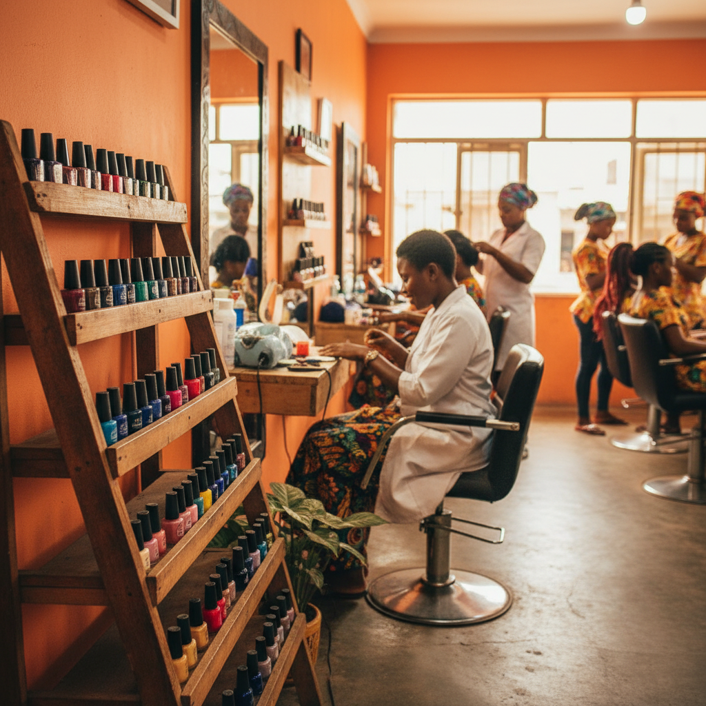 A neatly organized shelf displaying various colors of nail polish in a modern Lagos nail salon.