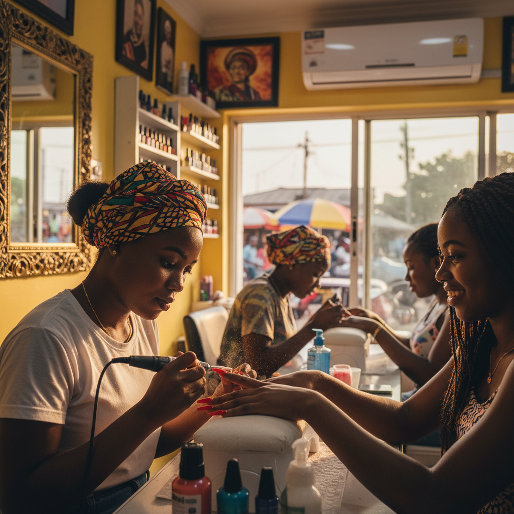 A skilled Nigerian nail technician carefully applying an acrylic bead to a client's nail in a clean, modern salon.