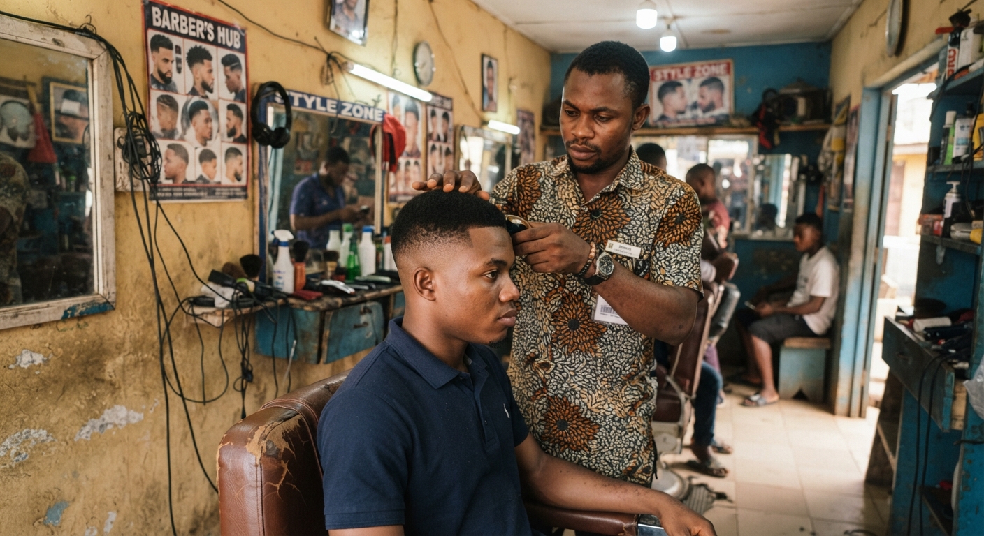 A man receiving a stylish fade haircut from a barber in a Nigerian barbershop